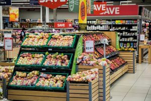 Comert, alimente, piata, supermarket, rafturii