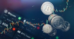 Bitcoin coins and trading chart scene (3D Illustration)