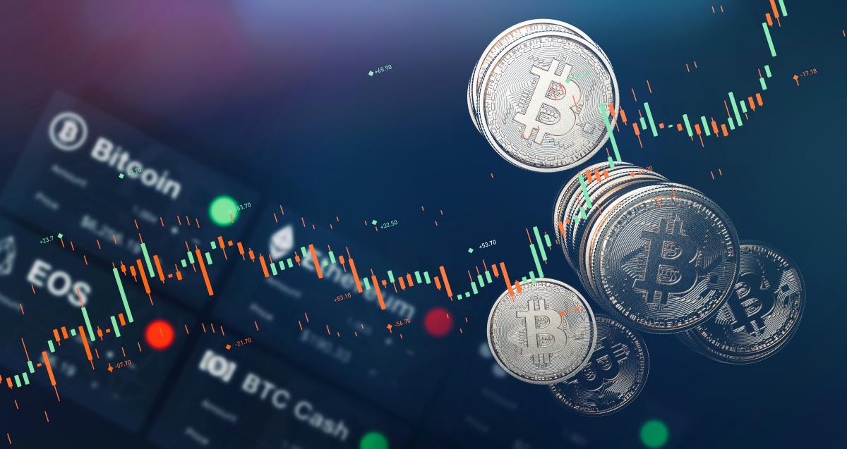 Bitcoin coins and trading chart scene (3D Illustration)