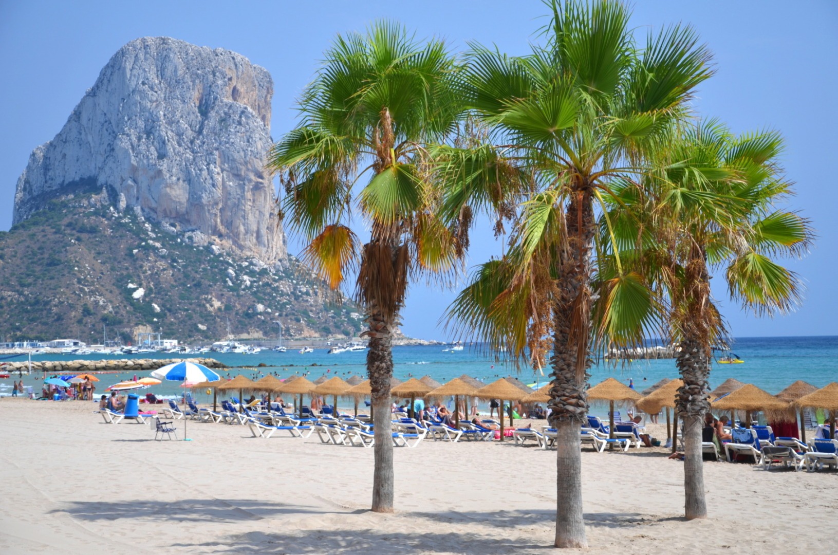 calpe spania, oras marea mediterana, plaja, palmier, umbrele, sezlonguri, stanca, apa