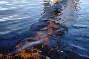 Oil leak from Ship , Oil spill pollution polluted water surface.