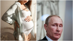 fotografia unei mame intr-un colaj cu fotografia lui putin