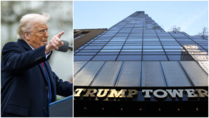 un colaj foto cu o imagine cu donald trump si unul dintre zgarie-norii sai