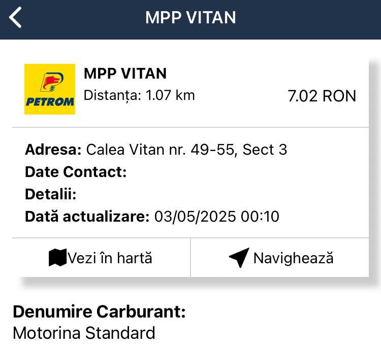Pret motorina Petrom Vitan 3 mai 2025