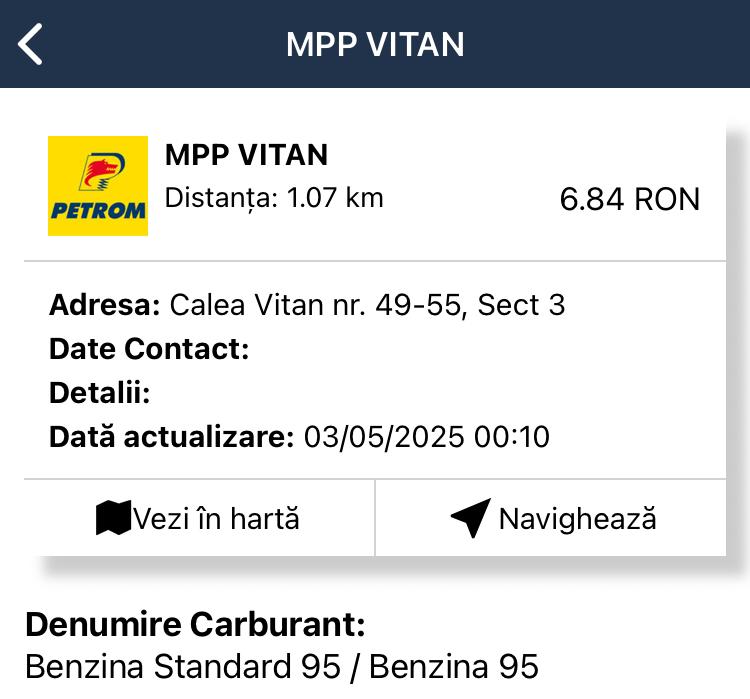 pret benzina 3 mai 2025 Petrom Vitan