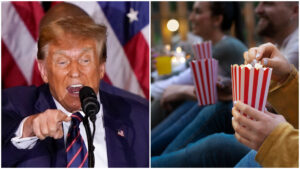colaj foto cu imagini cu donald trump și oameni care se uită la un film