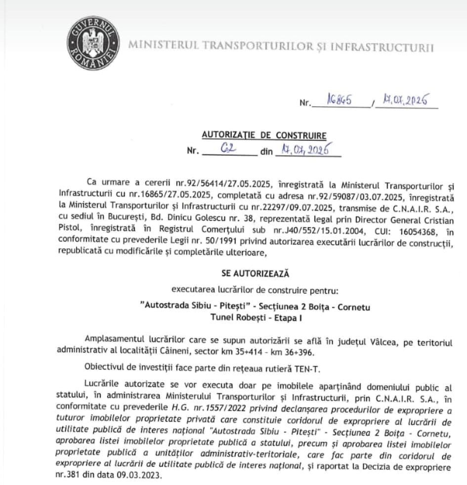 Autorizatia pentru tunelului Robești de pe secțiunea 2 (Boița -Cornetu) a autostrăzii Sibiu-Pitești