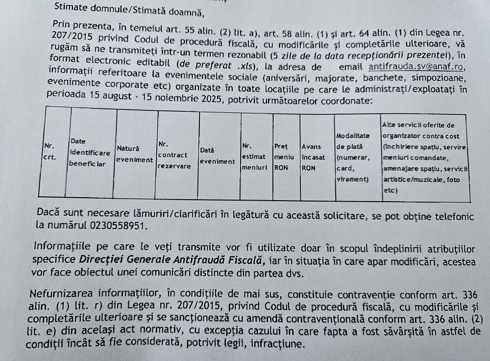 ANAF solicitare detalii nunti botezuri evenimente corporate