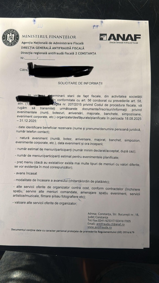ANAF solicitare detalii nunti botezuri evenimente corporate