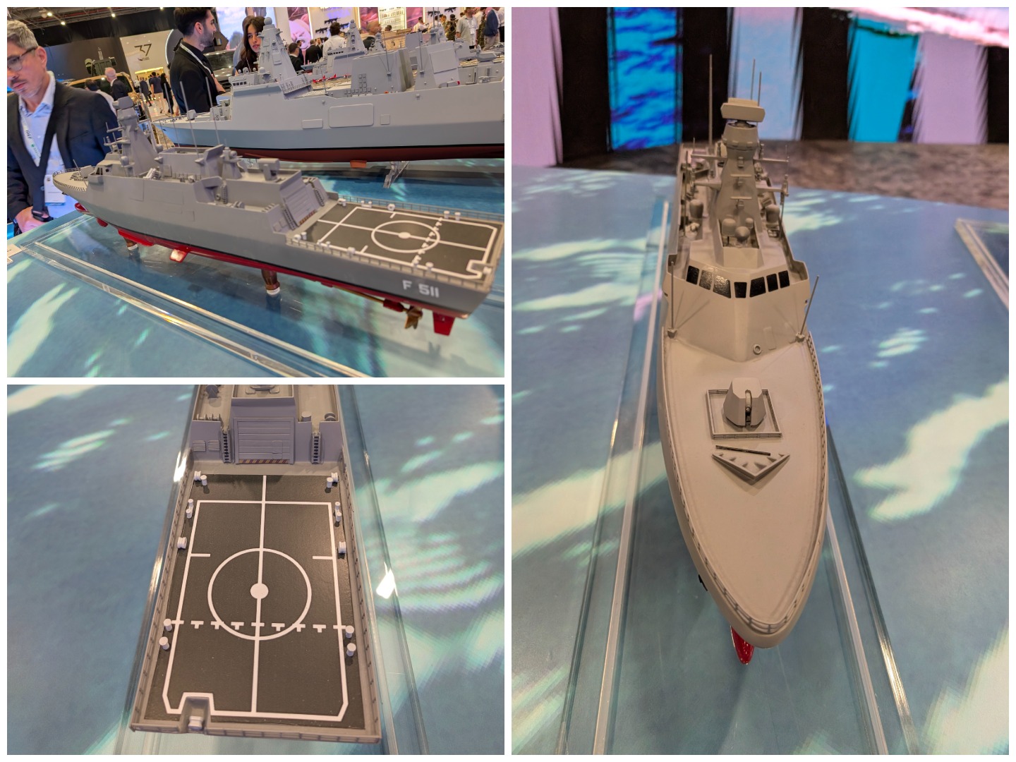 Machetă de corvetă din clasa Ada privită din diverse unghiuri, la târgul militar IDEF 2025